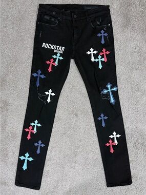 Men’s Black Cross-Print Slim Jeans